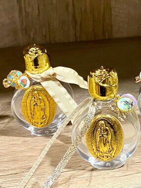 Holy water bottle Virgin Mary with religious accent charms